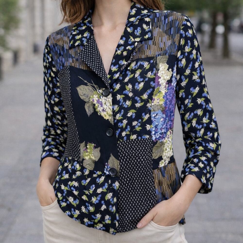 Vintage Carole Little Petites VTG Floral Geometric Print Patchwork Button Blouse